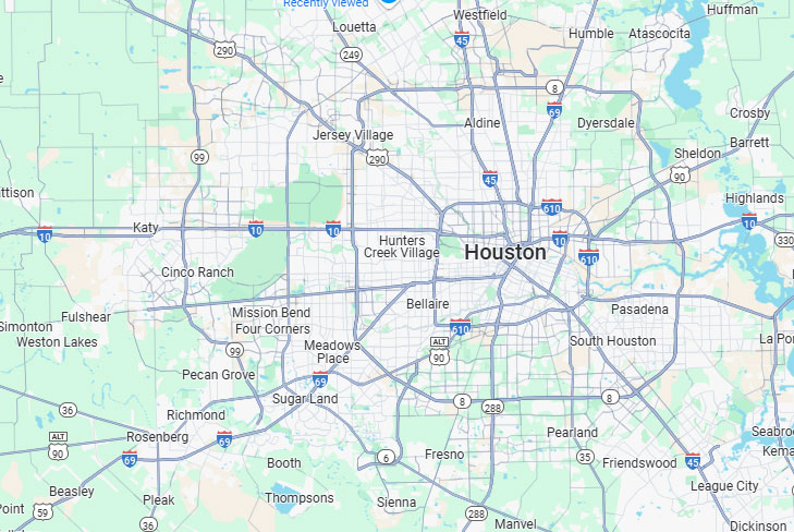 Google map of locations around Houston